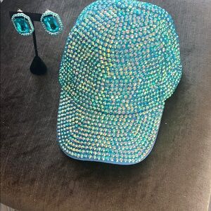 Sparkling Blue Rhinestone Cap with Blue Clip-on  Earrings